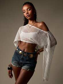 MISSGUIDED 透视网纱不对称露肩短款针织上衣 节日波西米亚风夏季沙滩罩衫 - 白色 - 查看 5