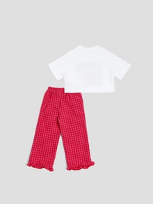 SUMWON Mädchen Sommer Strand Set bestehend aus Crop Top mit Sonnen-Grafik und Gingham-Karierter Hose mit Rüschensaum - Weiss - Übersicht 2