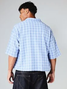 SUMWON Checked Plaid Short Sleeve Boxy Crop Button-Up Shirt With Chest Pocket Summer Casual Layering Top - Blue - View 2