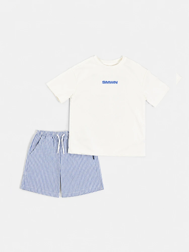 Boys Graphic T-Shirt And Striped Shorts Co-Ord Set Summer Holiday Two-Piece Outfit