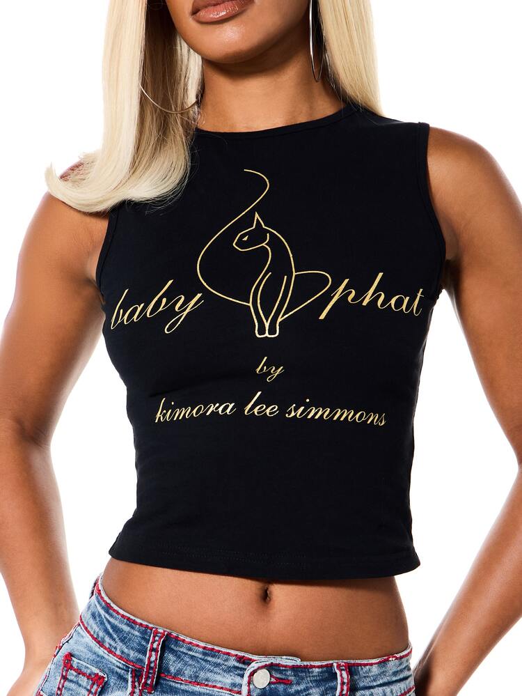 BABYPHAT Débardeur court sans manches grande taille avec imprimé logo chat doré, col rond, Top d'été pour festival