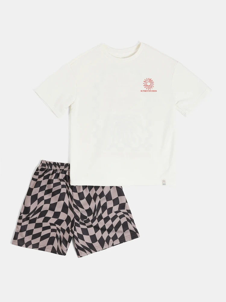 Sunset Studios Graphic Tee And Warped Checkerboard Shorts Co-Ord Set For Tweens Summer Holiday