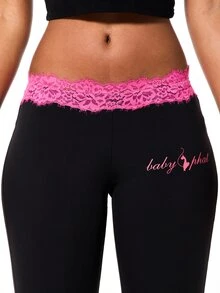 BABYPHAT Plus Size Flared Leggings With Pink Lace Waistband And Logo Print Low Rise Stretch Pants - Black - View 6