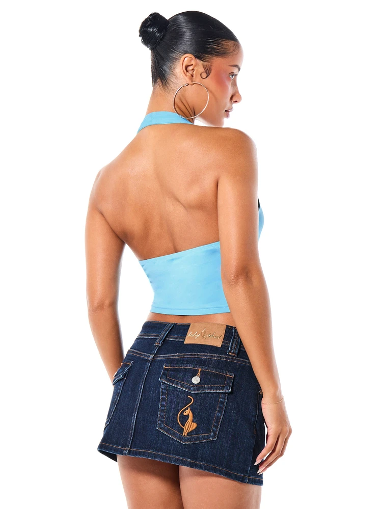 BABYPHAT Rhinestone Cat Halter Neck Crop Top With Metal Eyelets Summer Festival Style