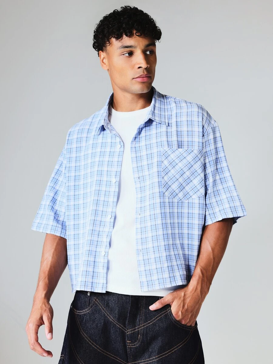 SUMWON Checked Plaid Short Sleeve Boxy Crop Button-Up Shirt With Chest Pocket Summer Casual Layering Top - Blue - View 1
