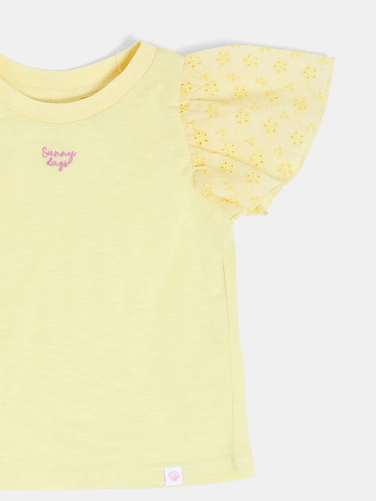 Girls Broderie Anglaise Ruffle Sleeve T-Shirt And Shorts Co-Ord Set With Embroidered Slogan Summer Two-Piece Outfit