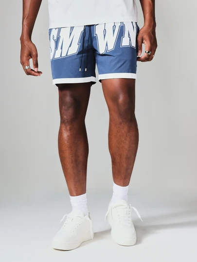 SUMWON Regular Oversized Graphic Logo Print Drawstring Shorts With Contrast Hem Trim And Color Block Design