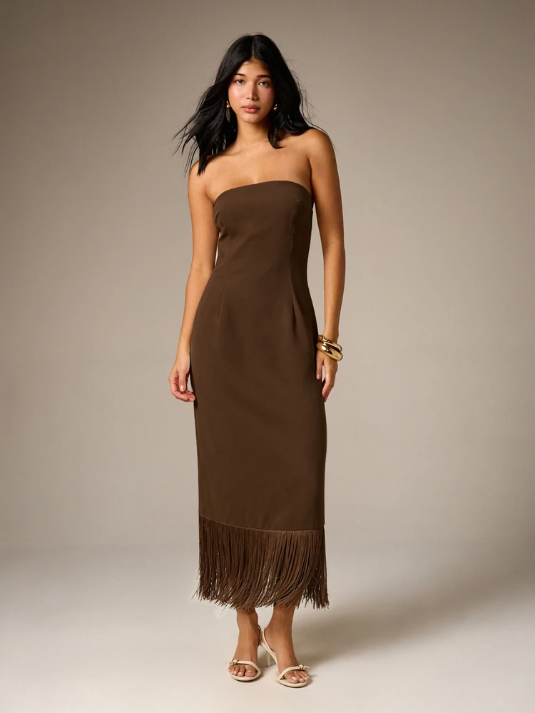 Strapless Bodycon Dress With Fringe Hem