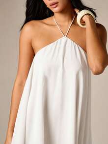 AiiRZ Halter Neck Floaty Mini Dress With Open Back Tie Detail Summer Beach Vacation Chiffon Swing Dress - White - View 4