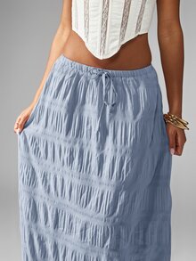 MISSGUIDED 褶皱长裙，弹性抽绳腰带，层叠荷叶边裙摆，波西米亚风夏季海滩装扮 - 藍色 - 查看 4