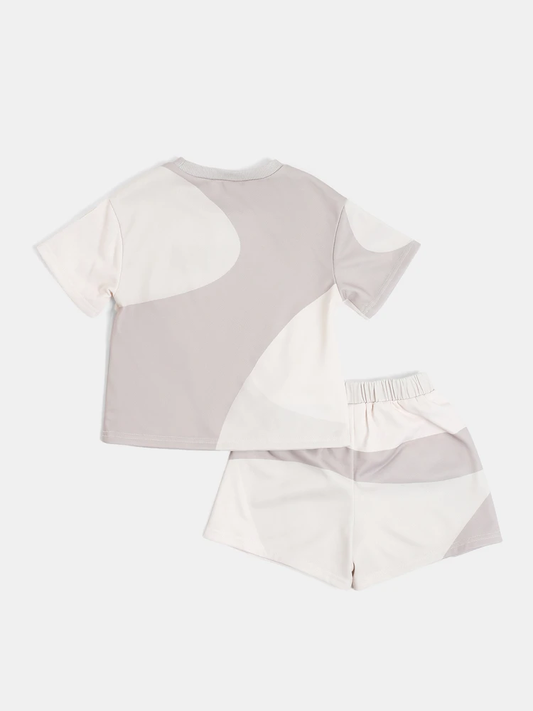 Jungen Grafik T-Shirt und Shorts Set mit Rundhalsausschnitt und Farbblockdesign für den Sommer