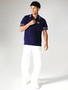 SUMWON Slim Fit Textured Crochet Knit Polo Top With Tipped Collar Striped Sleeve Cuffs And Embroidered - Blue - View 3