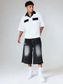 SUMWON Oversized Bowling Shirt With Contrast Black Collar And Dual Chest Pockets Short Sleeve Button-Up - Black and White - View 3