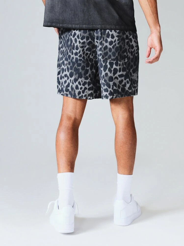 Printed Denim Shorts With Leopard Pattern, Drawstring Waist, Relaxed Fit, Summer Casual Wear