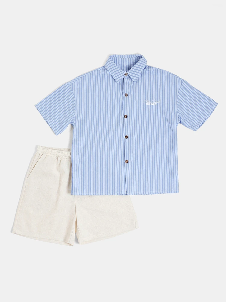 Tween Boys New York Archive 01 Striped Short Sleeve Shirt And Chino Shorts Co-Ord Set Summer , Fourth Of July