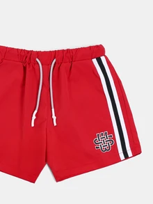 SUMWON Celana Pendek Nylon untuk Anak Laki-Laki Remaja dengan Detail Garis Samping dan Logo Cetak, Tali Serut di Pinggang, Cocok untuk Pakaian Kasual Sehari-hari di Musim Panas - Merah - View 3