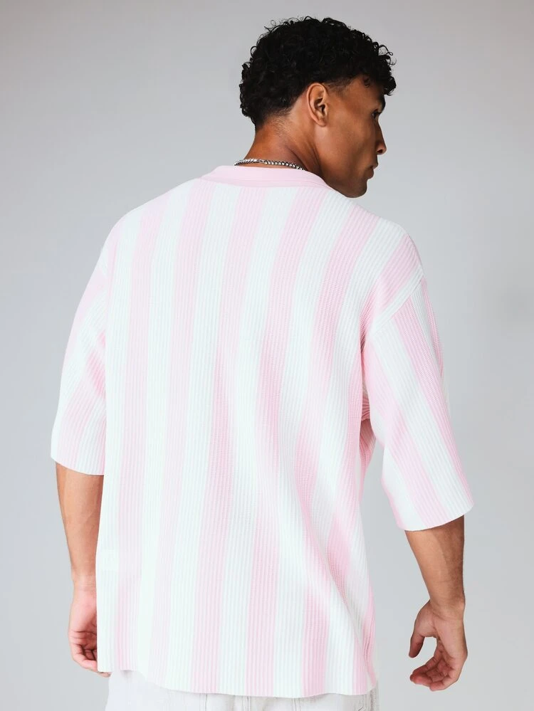Knitted Stripe Short Sleeve Shirt With Cuban Collar Oversized Fit Summer Holiday Resort Wear