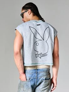 PLAYBOY X SUMWON Bunny Essentials Cropped Sleeveless Sweatshirt Tank Top With Logo Print And Contrast Stitching - Grey - View 1