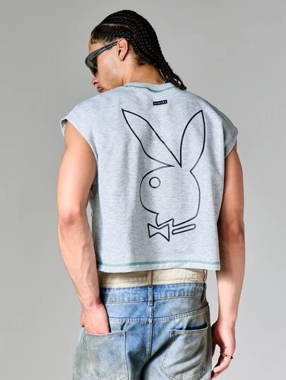 PLAYBOY X SUMWON Bunny Essentials Cropped Sleeveless Sweatshirt Tank Top With Logo Print And Contrast Stitching