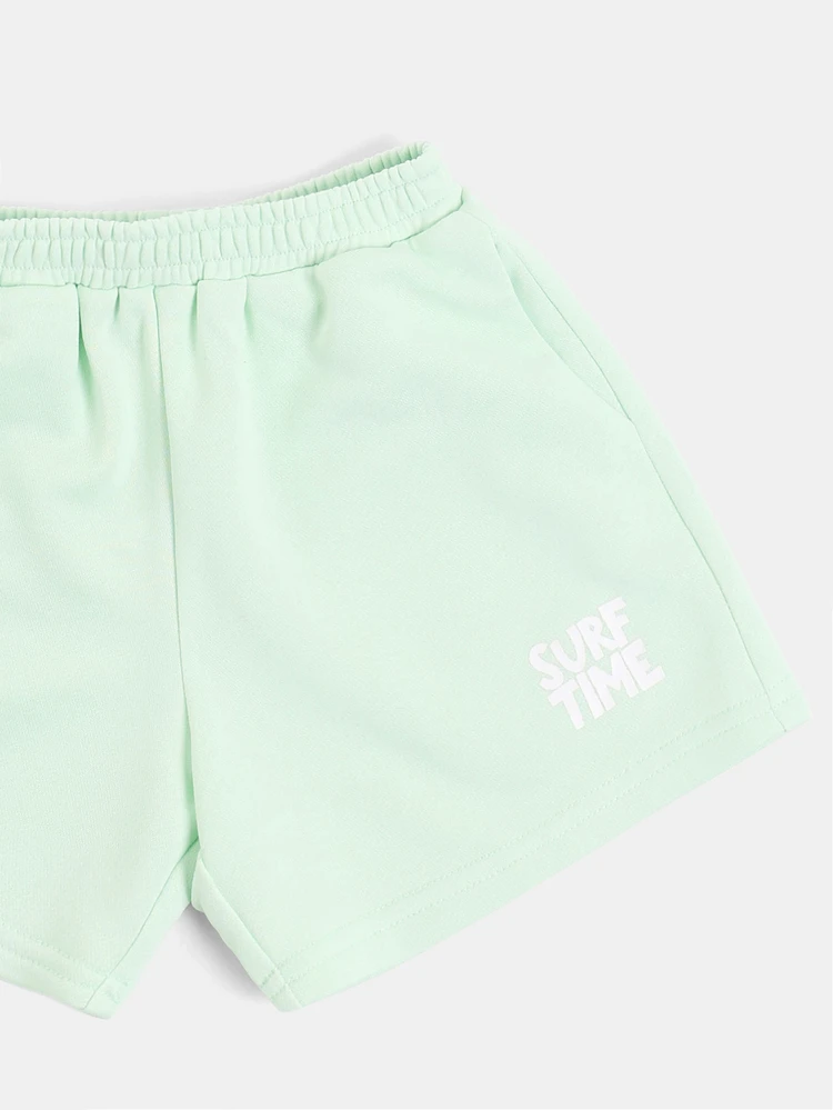 Conjunto Coordenado Oversized para Meninos com Estampa Surf Time, Camiseta de Manga Curta e Shorts, Roupa Combinada para Praia e Férias de Verão