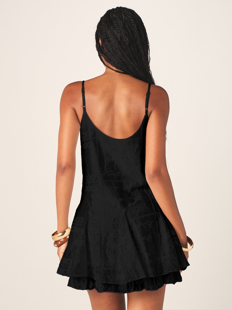 MISSGUIDED Spaghetti Strap V-Neck Embroidered Eyelet Mini Dress With Tiered Frill Hem And Panelled Detail Brunch Vacation Black Summer Sexy