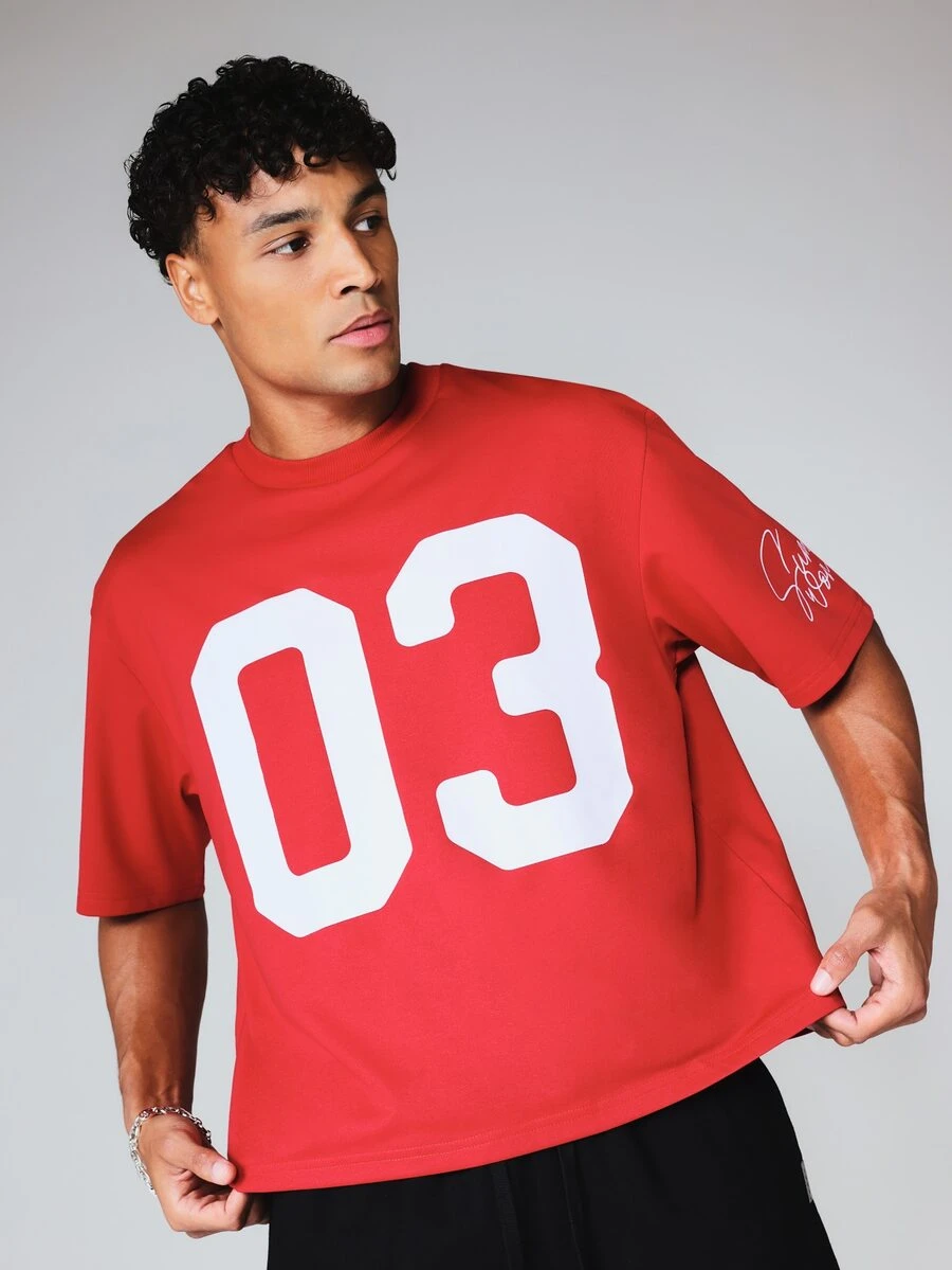 SUMWON Oversized Crew Neck Short Sleeve Tee With Bold Numeric Front Print And Signature Script Sleeve Detail - Red - View 1