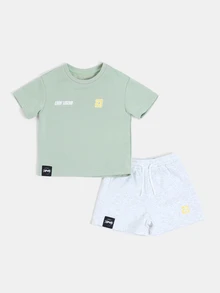 SUMWON Boys Graphic Tee And Shorts Co-Ord Set With Crew Neck Short Sleeve And Varsity Number Print Summer Two-Piece Outfit - Green - View 2