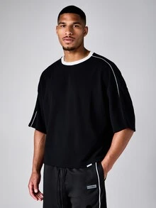 SUMWON Oversized Boxy Crop T-Shirt With Contrast Piping Trim Crew Neck Short Sleeve Casual Top - Black - View 1