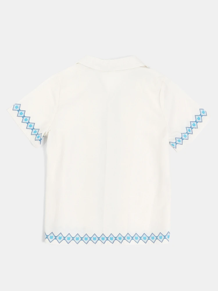 Design Studios Boys Short Sleeve Camp Collar Shirt With Diamond Monogram Border Print Regular Fit Summer