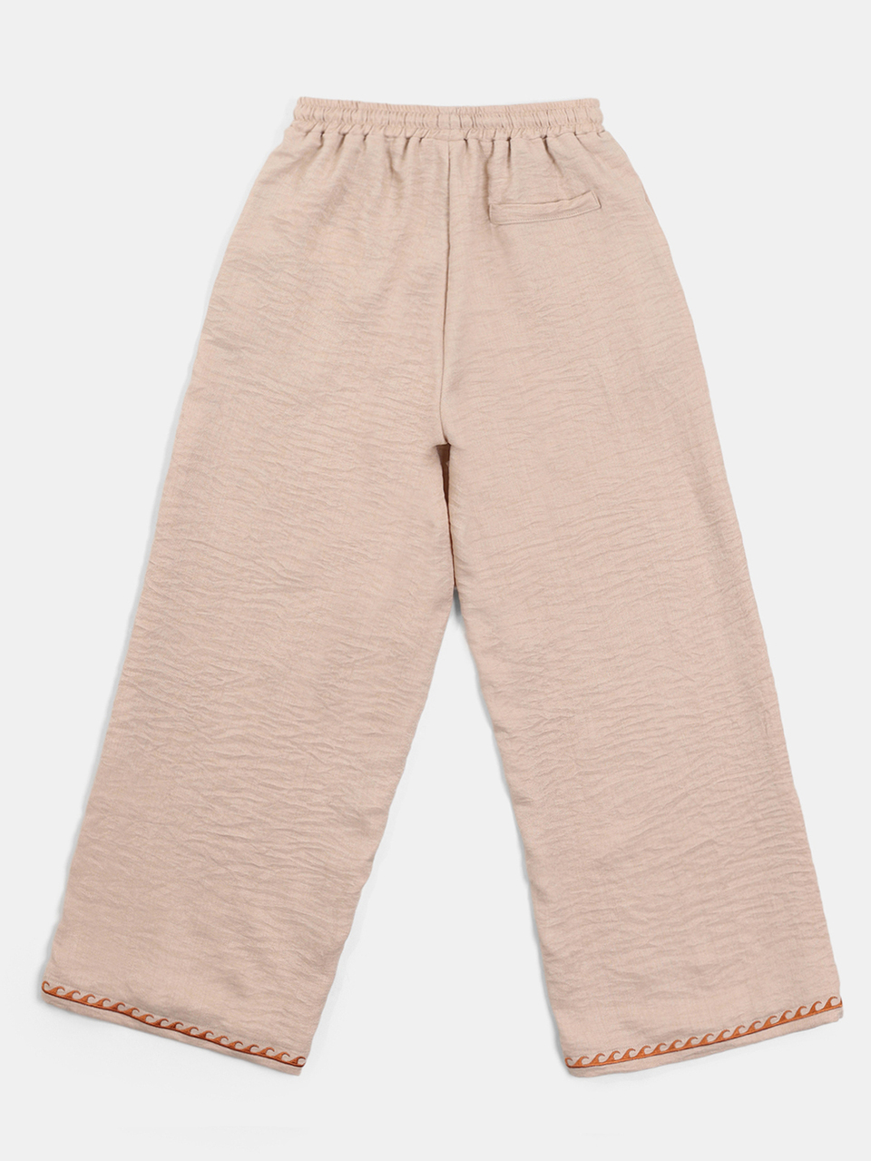 Tween Wide Leg Linen Feel Pants With Sun Embroidery Wave Hem Detail Drawstring Waist Summer Casual