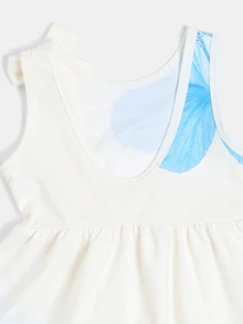 SUMWON Girls Sleeveless Fit And Flare Dress With Blue Hibiscus Floral Print And Bow Shoulder Detail Summer Party - White - View 5