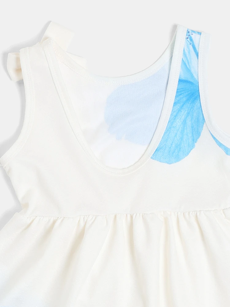 ブルーハイビスカス柄フィット&フレアワンピース、ショルダーリボン付き、女の子用、夏のパーティー向け