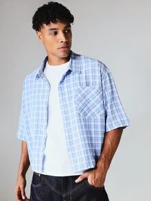 SUMWON Checked Plaid Short Sleeve Boxy Crop Button-Up Shirt With Chest Pocket Summer Casual Layering Top - Blue - View 5