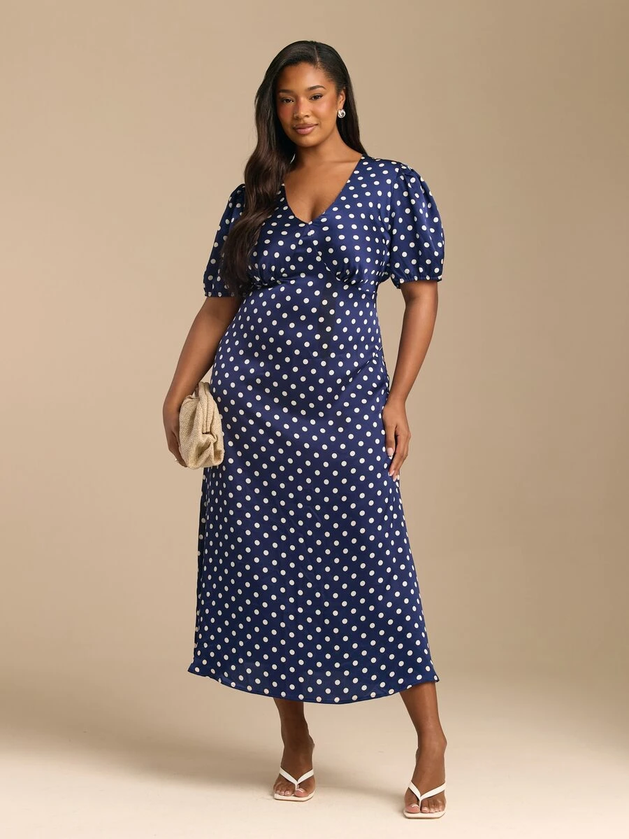FASHION SZN Plus Size Women Polka Dot Puff Sleeve Plunge Neck Tea Dress Elegant Smart Chic Wedding Guest Dress Races Day Dress Garden Party Summer Vacation Holiday Outfit Satin Prom Dress Formal Event Occasion Birthday Party Navy Blue Spotted Midi Dress Womens Long Dress Maxi - Multicolor - View 1