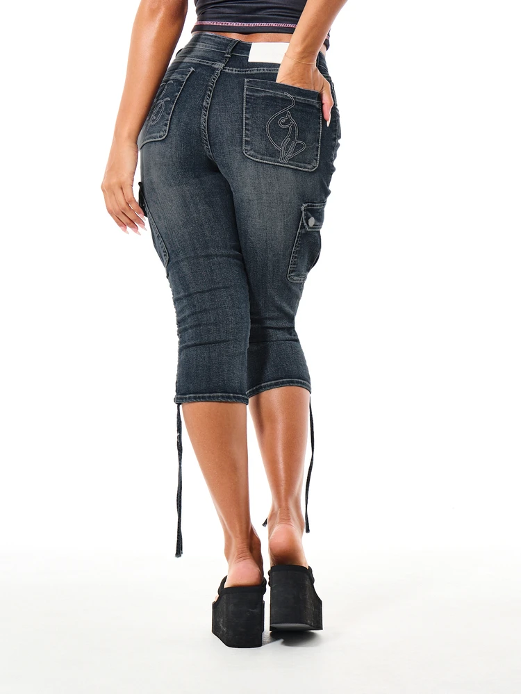 BABYPHAT Stretch Denim Cargo Capri Jeans With Side Cargo Pockets Embroidered Back Pockets And Tie Hem Detail