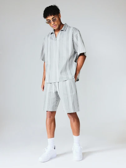 SUMWON Conjunto de camisa listrada de manga curta com gola alta e fechamento em zíper, ideal para férias de verão em resorts.