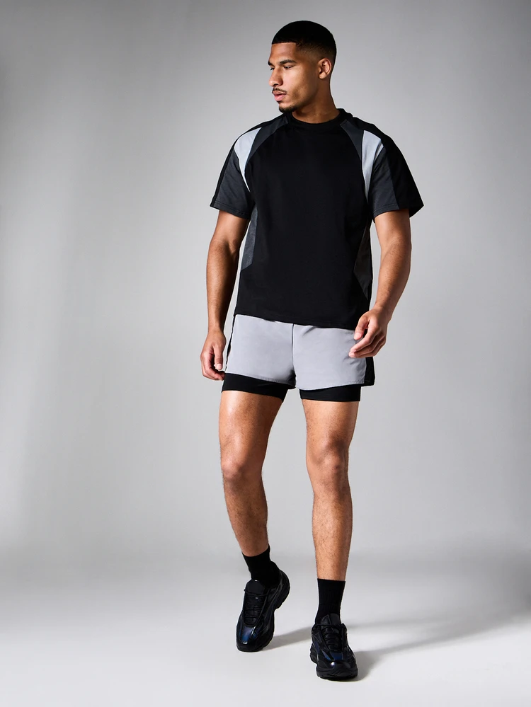 Color Block Raglan Short Sleeve Crew Neck Athletic Training Performance T-Shirt With Contrast Panel Design Regular Fit