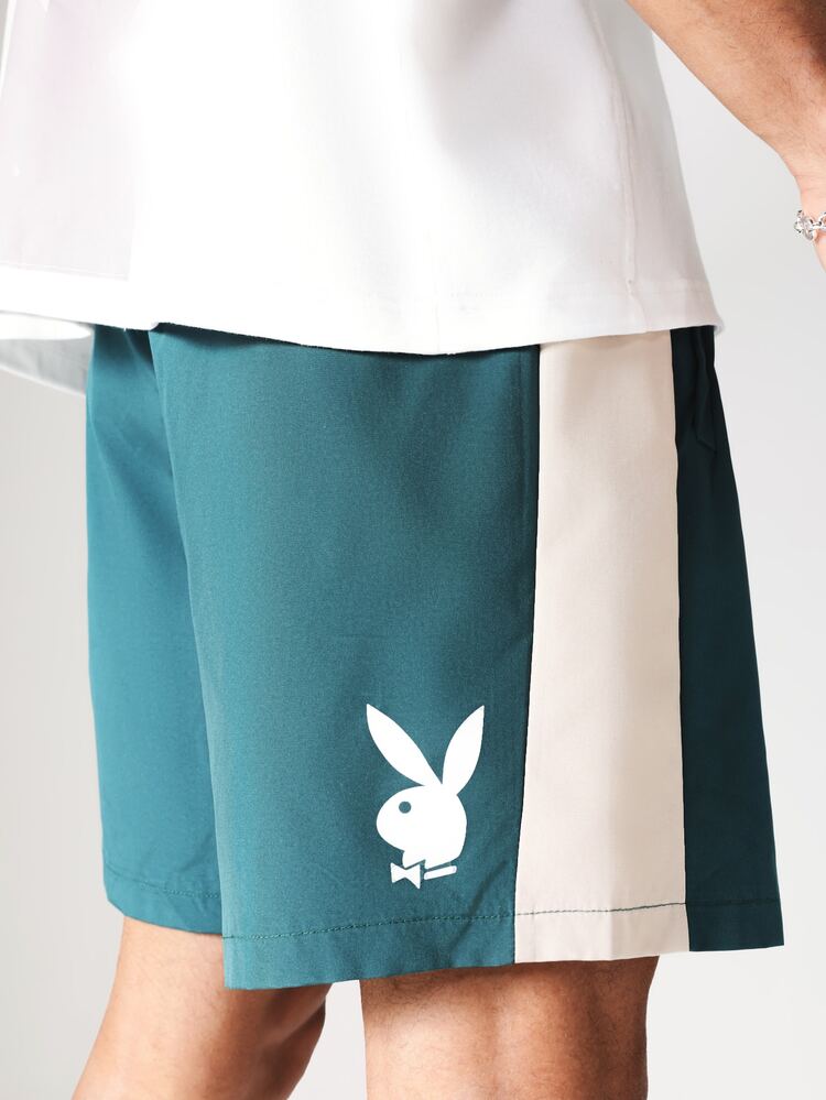 PLAYBOY X SUMWON Graphic Script Logo Color Block Beach Shorts With Drawstring Waist For Summer