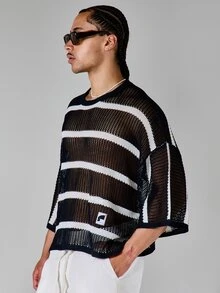SUMWON Oversized Open Knit Mesh Striped Crewneck Top Short Sleeve Boxy Fit Summer Layering Pullover - Black - View 3
