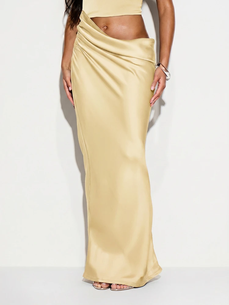 Satin Maxi Dress With Lace Trim And Cut Out Side