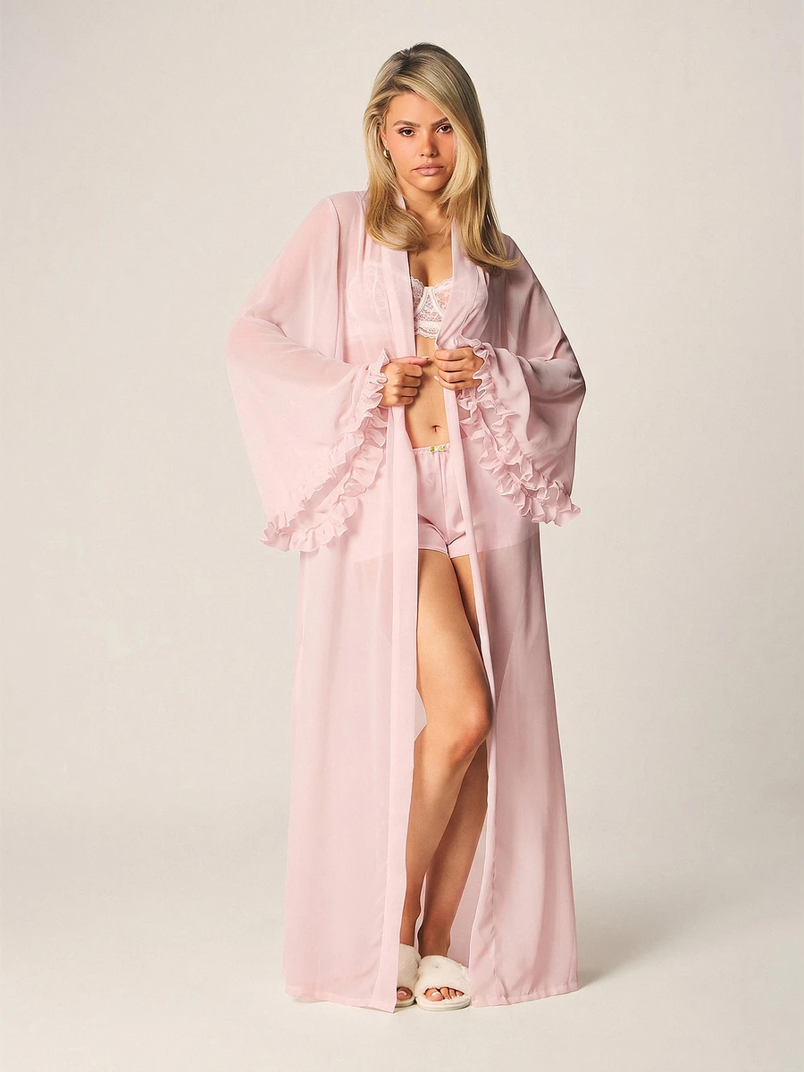 MISSGUIDED Long Sheer Robe With Ruffle Cuffs And Tie Waist Belt Maxi Length Open Front Kimono Style - Pink - View 1