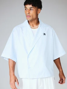 SUMWON Wrap Over Cropped Striped Short Sleeve Shirt With Notch Lapel Collar And Embroidered Monogram Logo Summer - Baby Blue - View 5