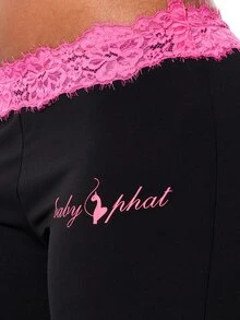 BABYPHAT Plus Size Flared Leggings With Pink Lace Waistband And Logo Print Low Rise Stretch Pants - Black - View 8