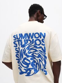 SUMWON Plus Size Oversized Graphic Back Print Crew Neck Short Sleeve T-Shirt With Logo Script Summer Streetwear - Apricot - View 1