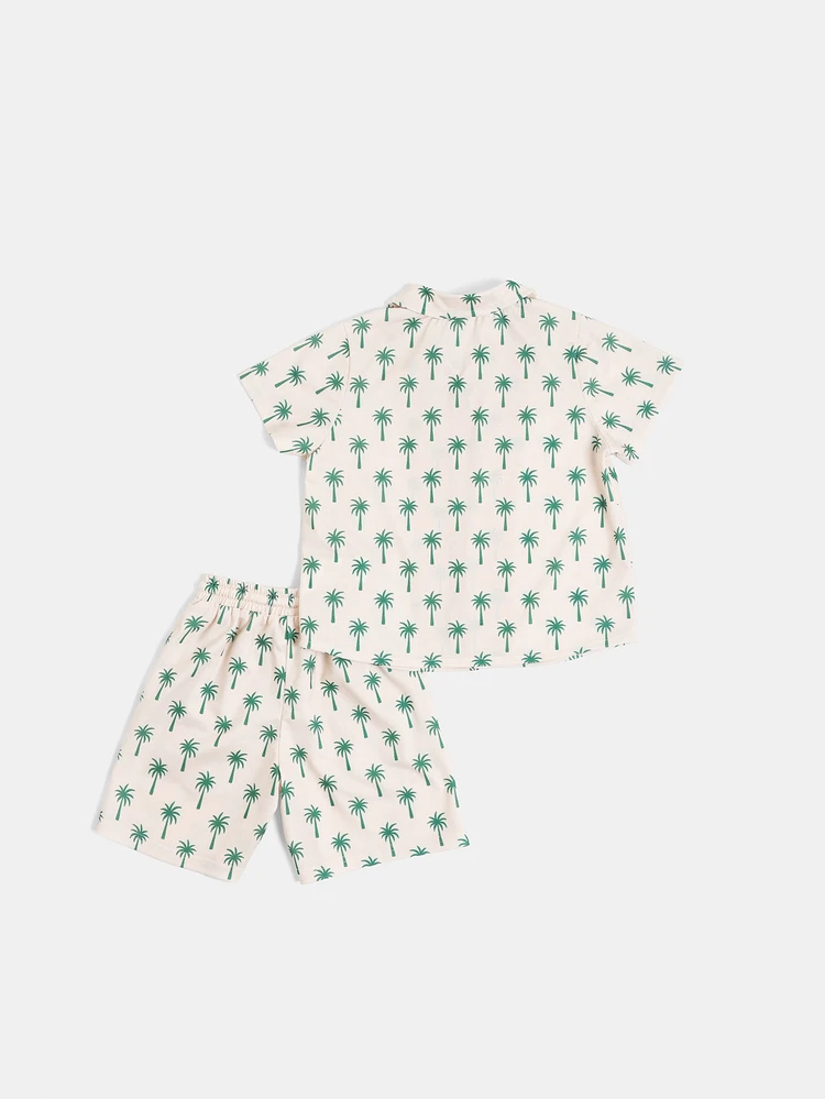 Boys Palm Tree Print Short Sleeve Camp Collar Shirt And Shorts Co-Ord Summer Holiday Beach Set