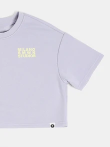 SUMWON Milano Studios Co-Ord Cropped Tee And Shorts Set With Back Logo Print And Crew Neck - Purple - View 4