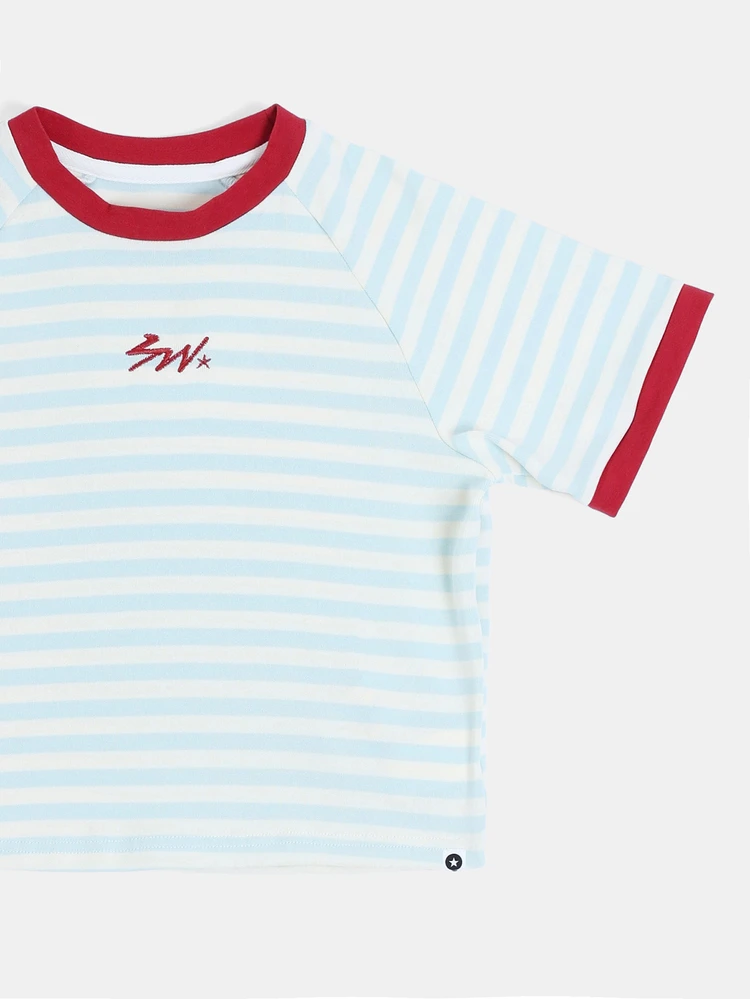 Boys Striped Ringer T-Shirt With Crew Neck Contrast Red Trim Embroidered Logo Short Sleeve Summer Top