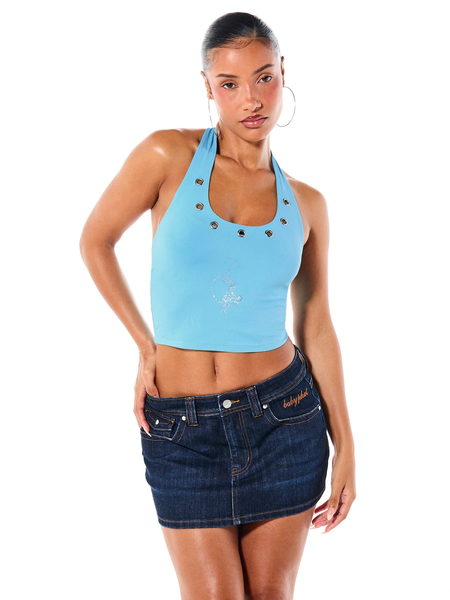 BABYPHAT Áo croptop cổ yếm đính đá hình mèo với khoen kim loại, phong cách lễ hội mùa hè. - Màu xanh lam - Xem 1