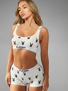 Missguided x Playboy Bunny Logo Bra And Boyshort Panty Set Allover Print Matching Lingerie Two-Piece Underwear Collection - White - View 6
