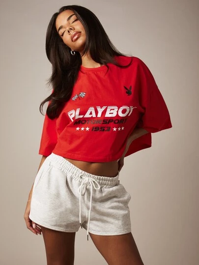 Missguided x Playboy Motorsport 1953 Graphic Oversized Cropped T-Shirt With Bunny Logo And Racing Flag Print